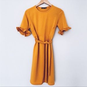 BOOHOO Mustard Tie Waist Flutter Sleeve Mini Dress
